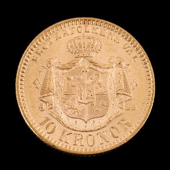 GULDMYNT, 10 kronor, Oscar II, 1894.  Vikt ca 5 gram.