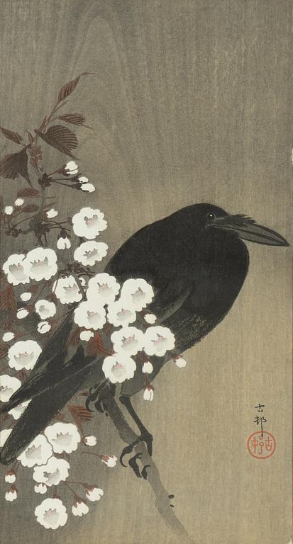 Ohara Koson, "Crow / raven in snow", "Geese in flight" and "Crow / raven resting on a branch between flowers".