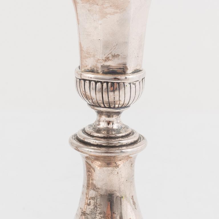 A Pair of Empire Silver Candlesticks, indistinct hallmarks, first half of the 19th Century.