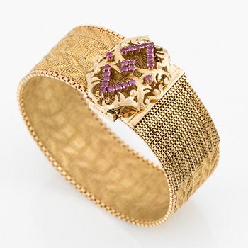 Bracelet, 18K gold with tassels and pink stones, Italian hallmark.
