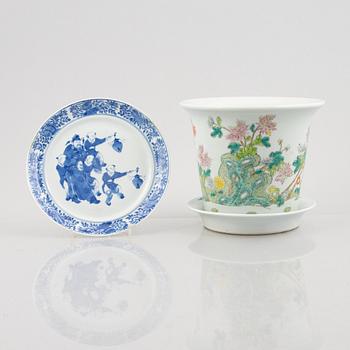 A porcelain plate and a flower pot with stand, China, 19th & 20th century.