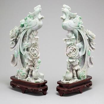 A pair of Chinese modern pale green and pale mauve stone carvings/sculptures, 20th century.