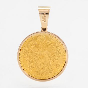 A ca 24K (.999) and 14K gold coin pendant, Franz Joseph I, Austria-Hungary, 1915. 4 Ducat.