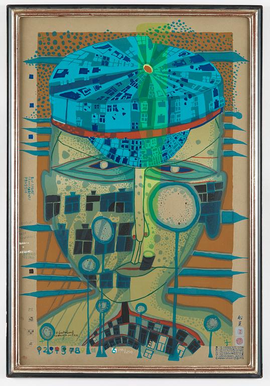 FRIEDENSREICH HUNDERTWASSER, a colour litograph with metal stamp, signed and numbered 244/250.