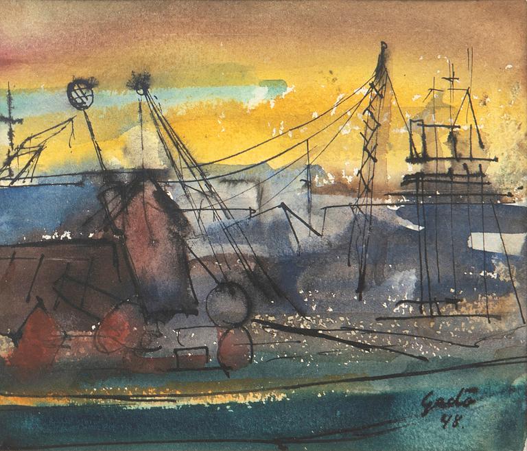 Bertil Gadö, Harbour scene and city scene, two pieces.