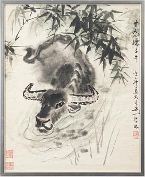 Cai Xiaoting, akvarell, Vattenbuffel, 1900-talets senare del.