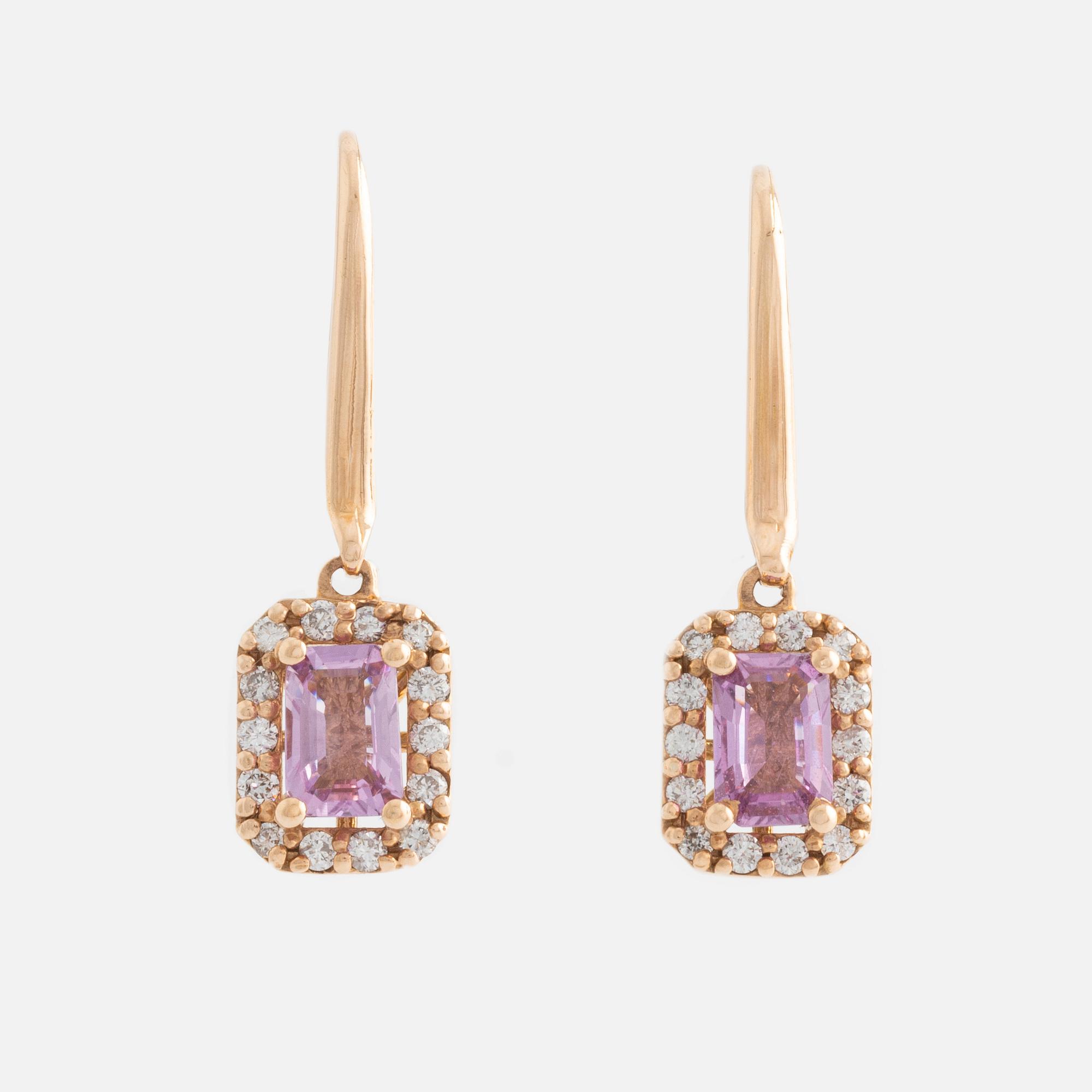 Earrings with pink sapphires and diamonds.