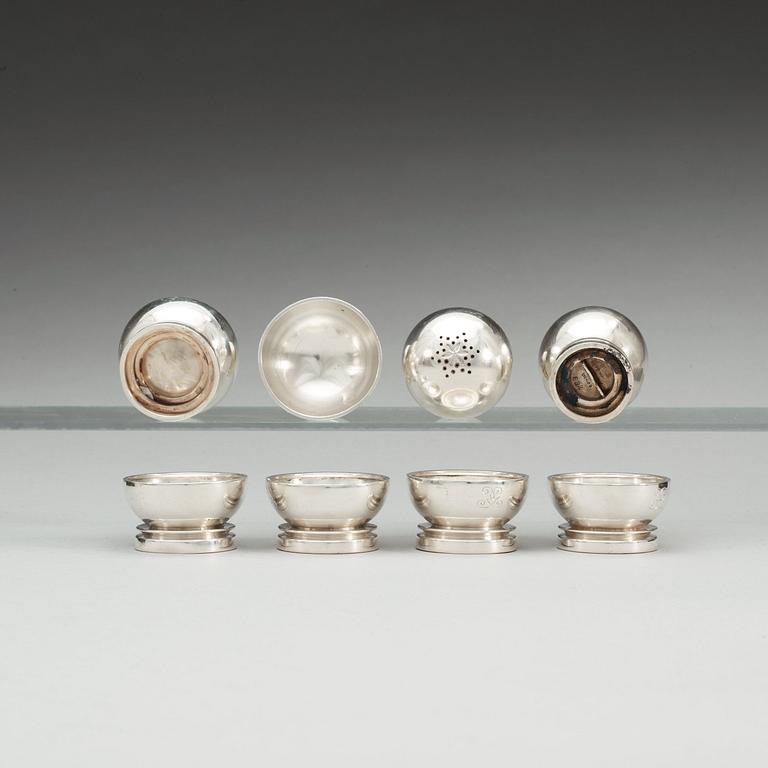 A set of six Harald Nielsen sterling salt cellars and a pair of spice jars, 'Pyramid', Georg Jensen, Copenhagen 1933-44.