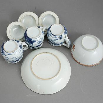 TEKOPP med FAT samt  CREMEKOPPAR 3st, porslin 1700-tal och tidigt 1800-tal.