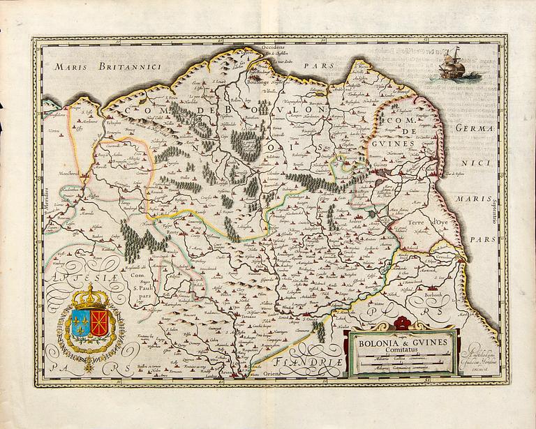 Jodocus Hondius, hand colored engraving, map France Pas-de-Calais, Amsterdam c 1630-50.
