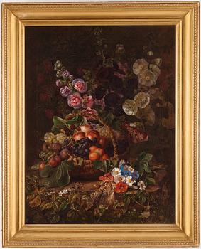 Johan Laurentz Jensen, Stilleben med stockrosor, prästkragar, blåklint, vallmo, kornax, rönnbär och en fruktkorg.