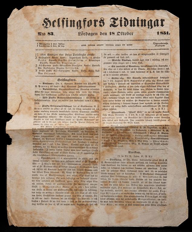 TIDNINGAR, 8 st, Hufvudstadsbladet, Helsingfors Tidningar m.fl. Helsingfors 1829-1881.