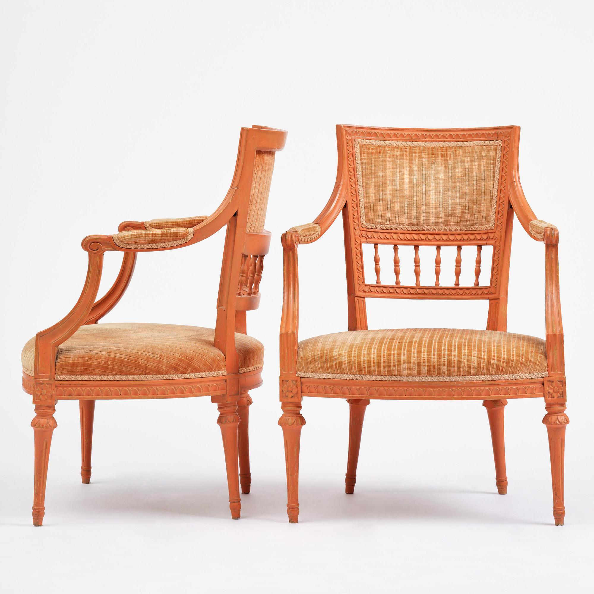 A pair of Gustavian armchairs by J E Höglander (1777-1813).