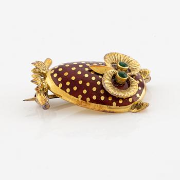 Brooch in the form of an owl, 18K gold with enamel.