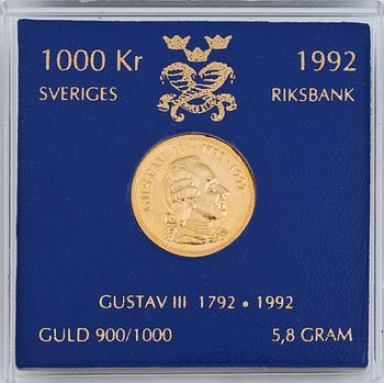 MYNT, guld 900/1000, Sveriges Riksbank jubileumsmynt 1992, vikt 5,8 g.