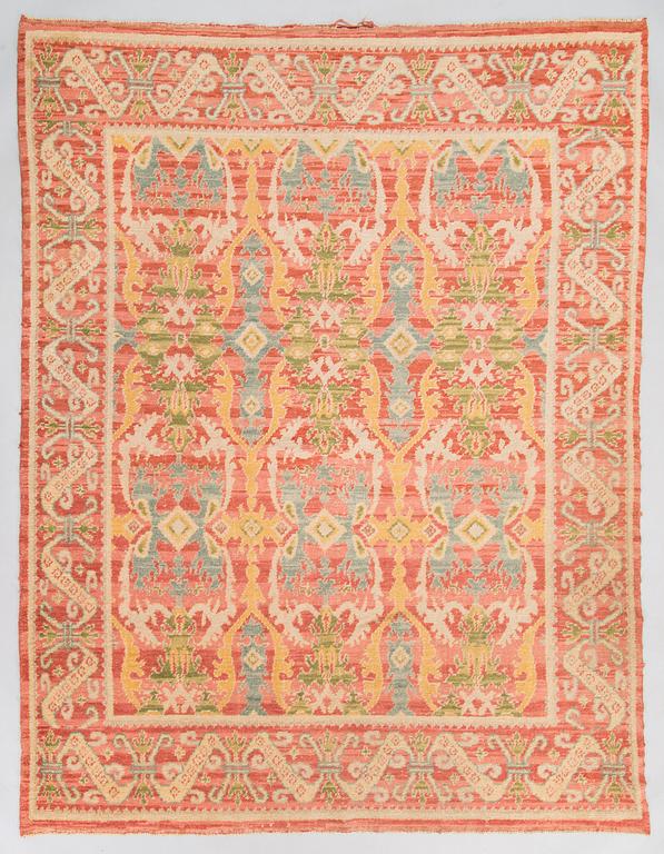 An antique Spanish figural rug, ca. 215x166 cm.