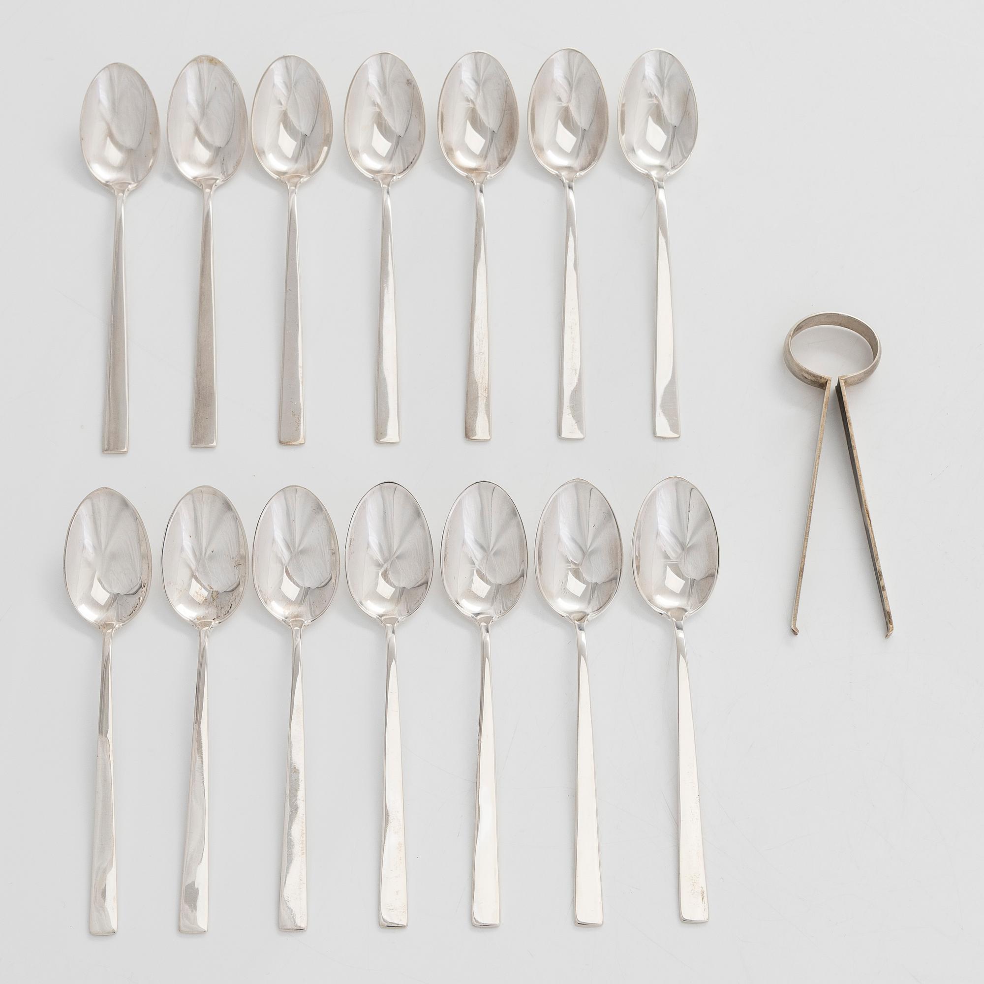 Bertel Gardberg, kaffeskedar, 14 kpl, samt sockertång, silver, "Birgitta", Kultateollisuus, Åbo 1968-1993.