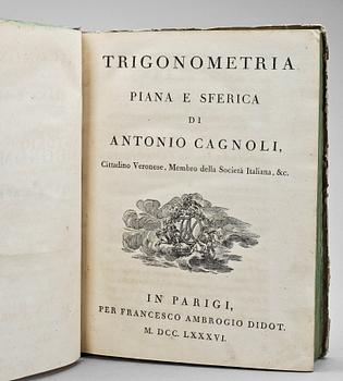 BOK, "Trigonometria piana e sferica" av Antonio Cagnoli, Paris 1786.