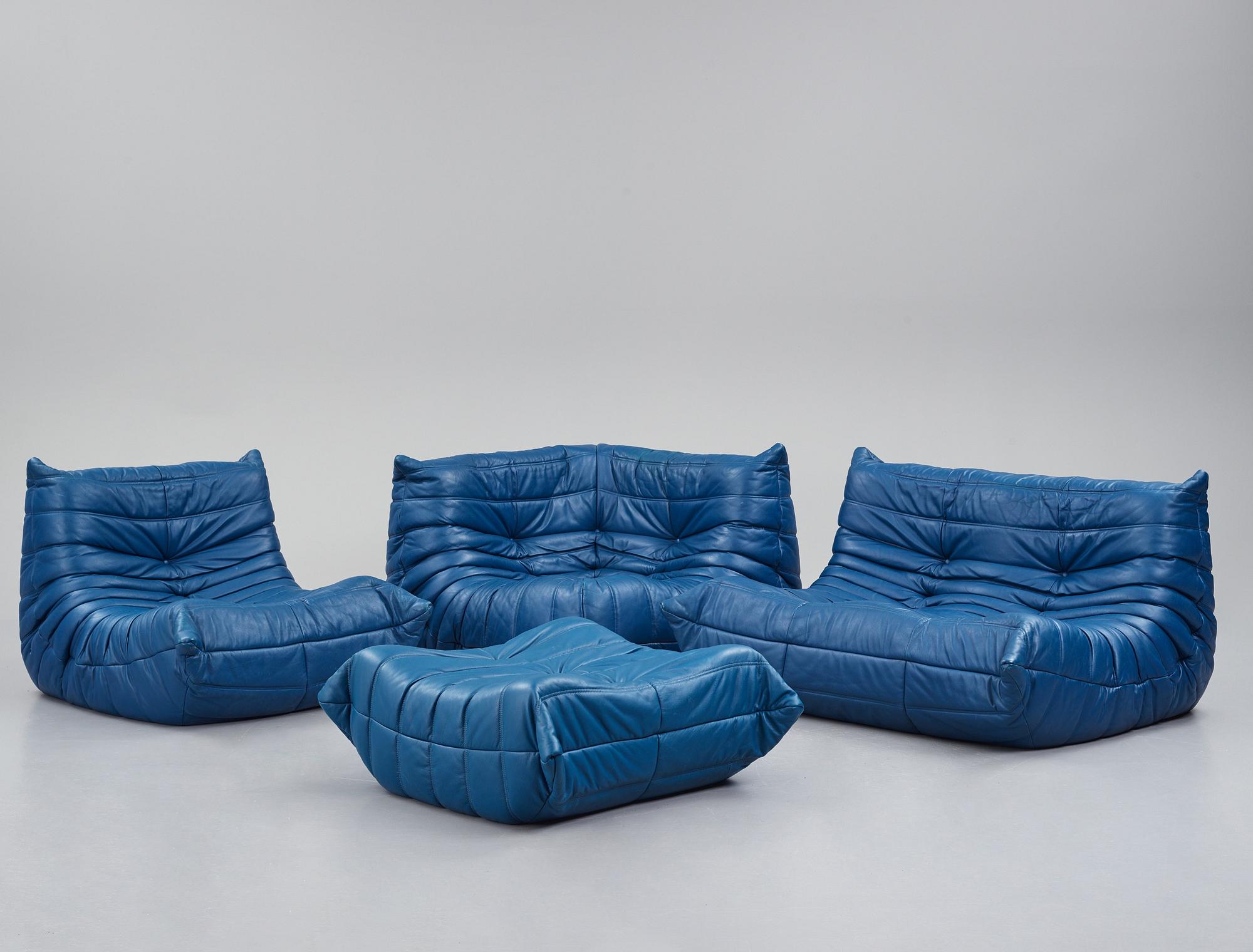 Michel Ducaroy, a blue leather 'Togo' sofa, Ligne Roset, France, presumably 1980s.