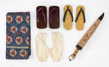 Kimono (five pieces), partially cotton, two pairs of shoes, one pair of socks, and a parasol, Japan, 20th century.