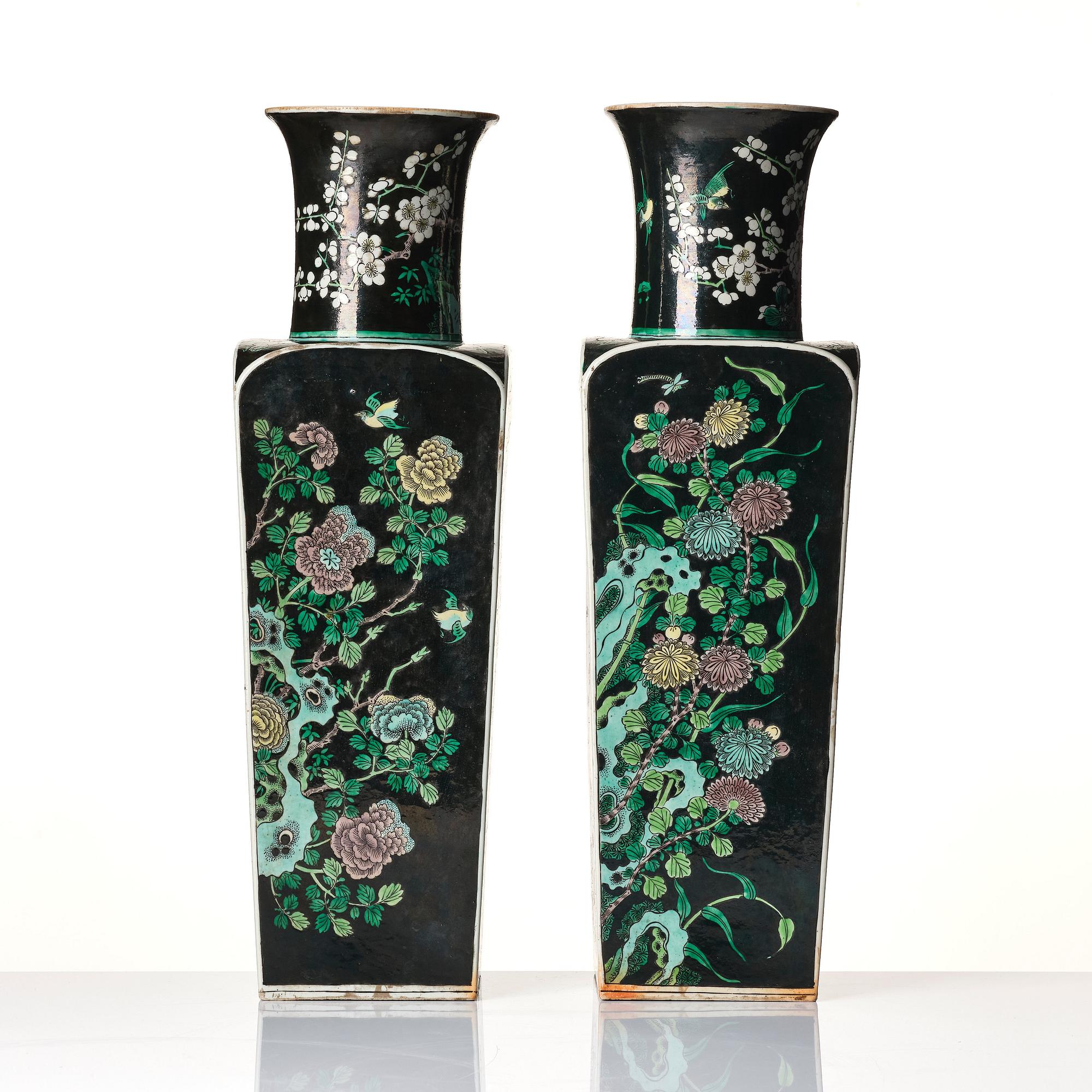 A pair of 'famille noire' vases, Qing dynasty, 19th Century.