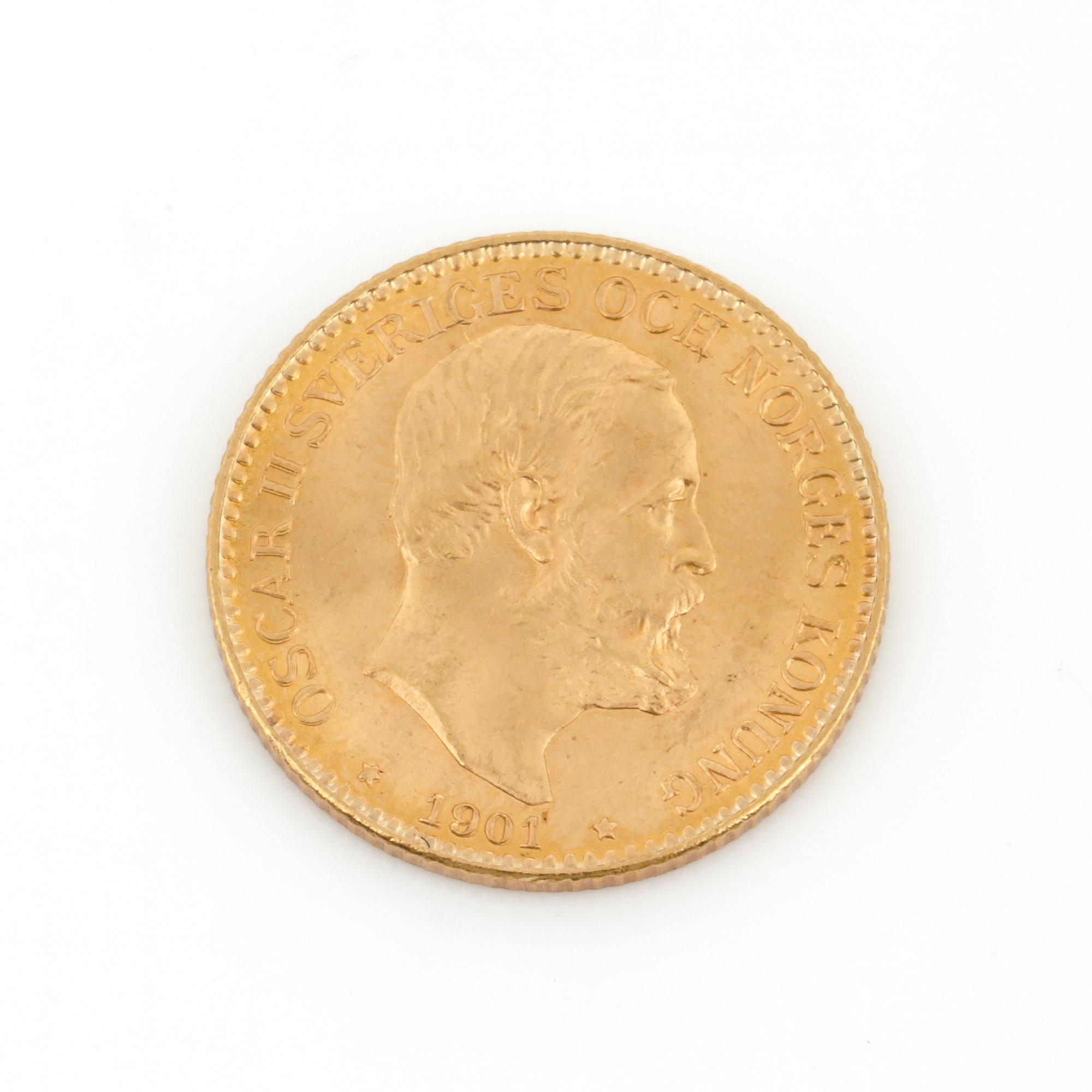 GULDMYNT, 10 kronor, Oscar II, Sverige och Norge 1901. Vikt ca 4,5 g.