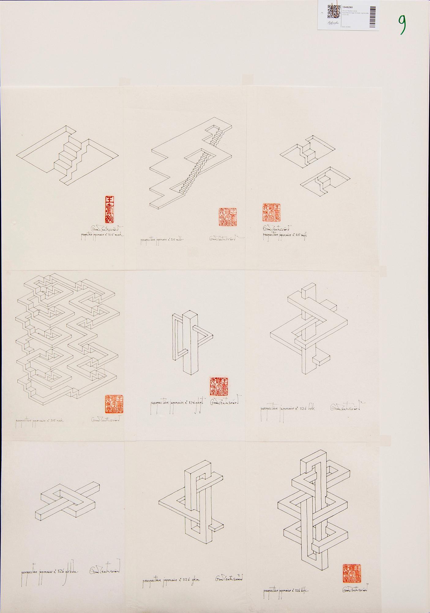 Oscar Reutersvärd,  ink drawings 9 sheets, signed, no 9.