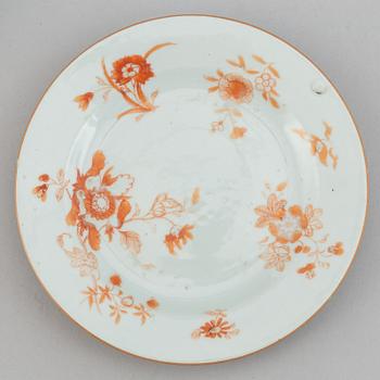 A rouge de fer bowl and three dishes, Qing dynasty, Qianlong (1736-95).