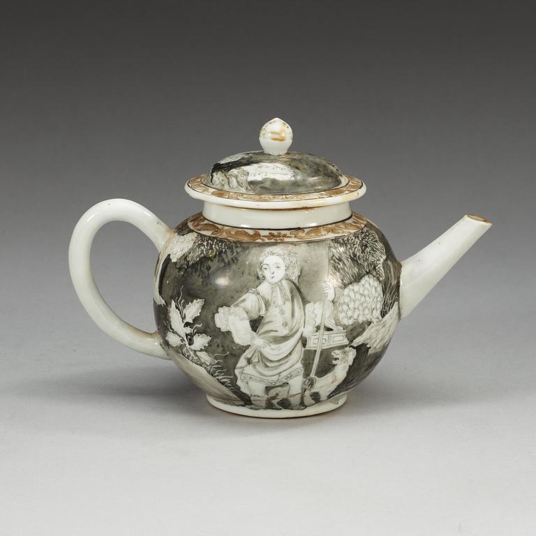 An 'European Subject' grisaille tea pot with cover, Qing dynasty, Qianlong (1736-95).
