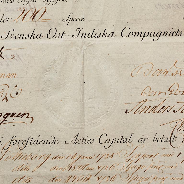 A Swedish East India share certificate, 1780's.