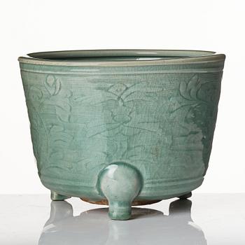 A large celadon tripod censer, Ming dynasty (1368-1644).