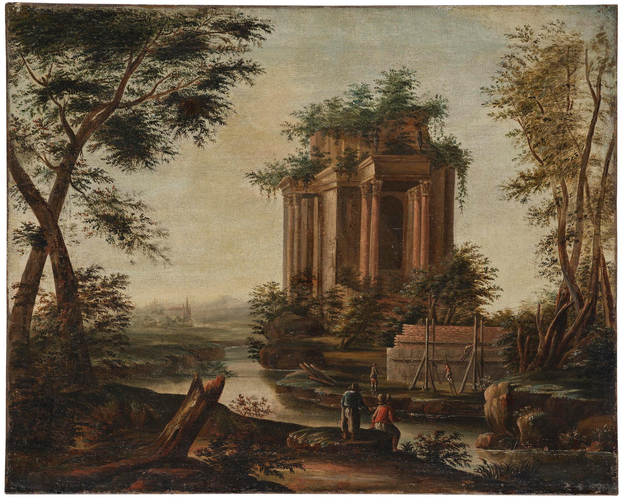 Domenico Roberti, tillskriven, Ruinlandskap med figurer.