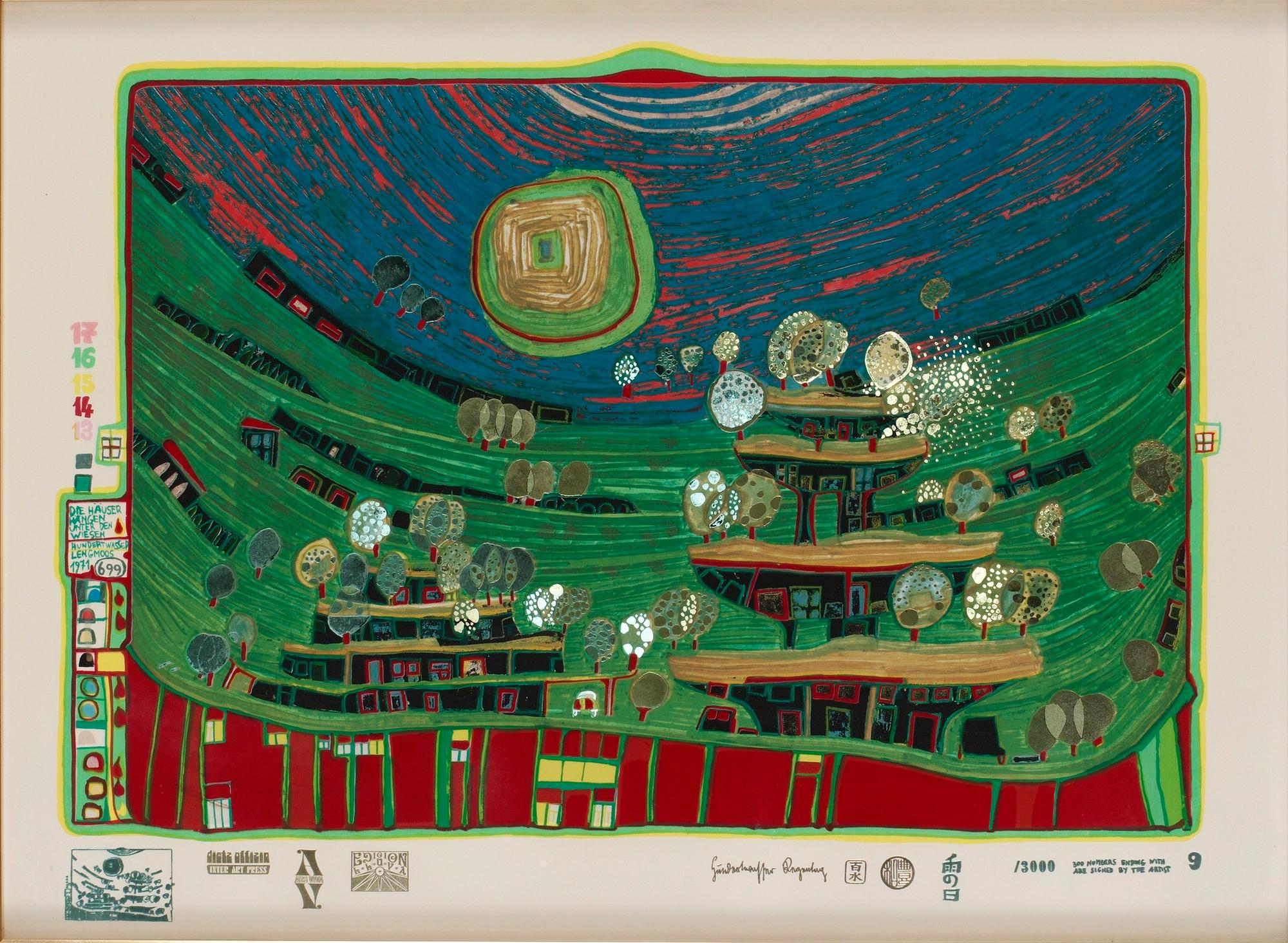 Friedensreich Hundertwasser, "Die Häuser hängen unter den Wiesen".