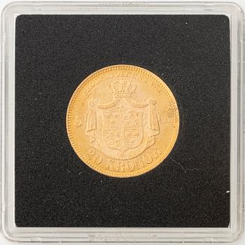 Guldmynt, Oscar II, 20 kronor, typ I, Sverige 1873.