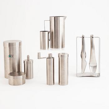 A set of eight stainless steel kitchen objects, 6 marked ZACK.