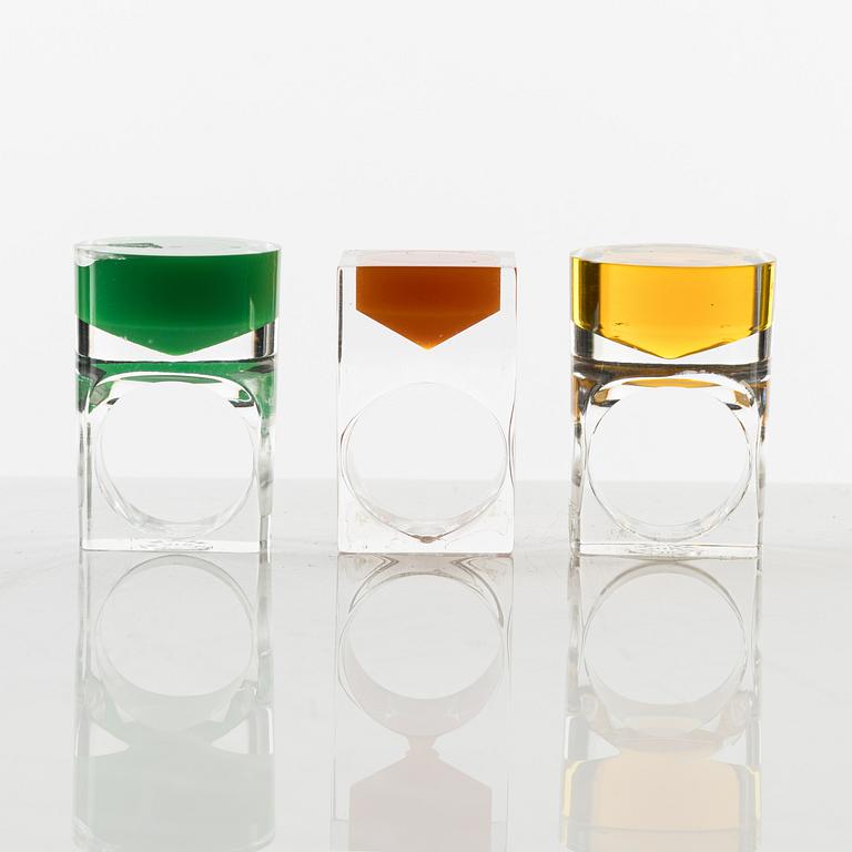 Siv Lagerström, rings, three pieces, acrylic plastic. 1970s.