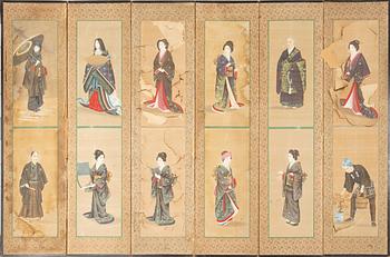 A six panel Japanese silk folding screen, around 1900.