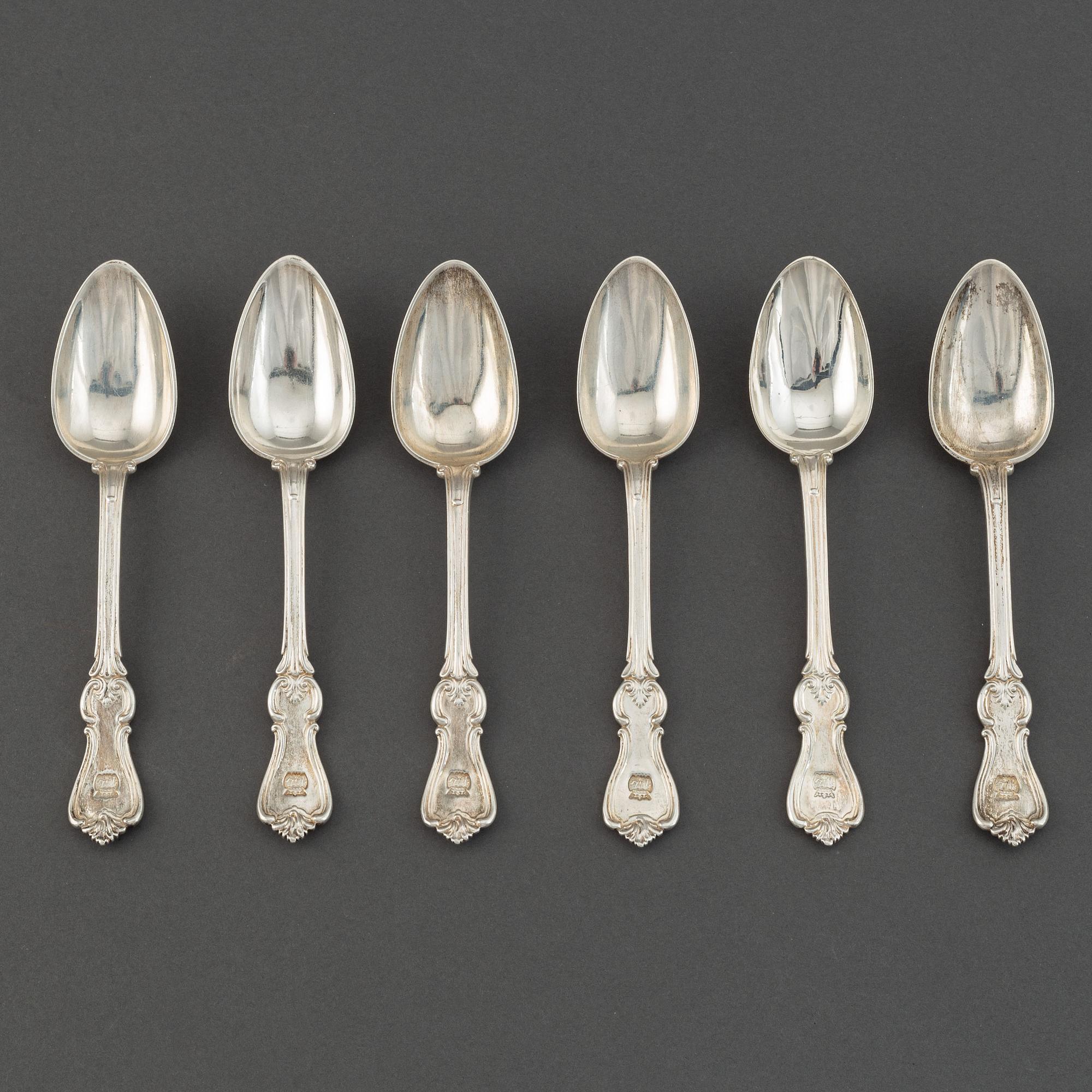 A set of six Swedish 19th century dessert-spoons, mark of Gustaf Möllenborg, Stockholm 1850-1854.