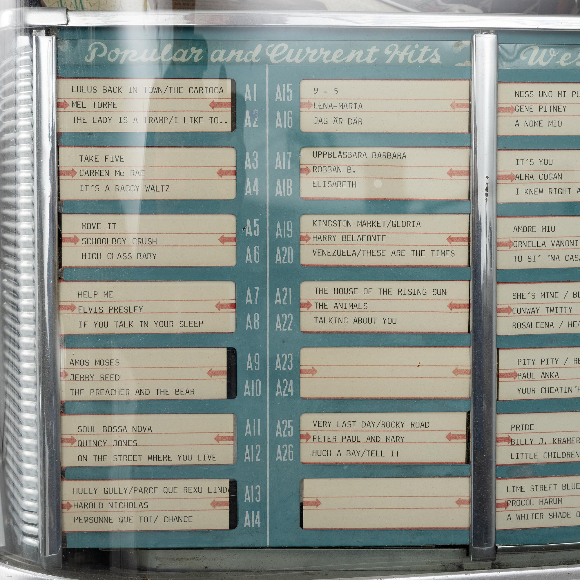 Jukebox, Wurlitzer, modell 2104, Rudolph Wurlitzer Company, North Tonawanda, New York, USA, 1957.