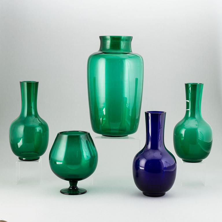 A set of five green and blue glass vases, Sweden, 20th Century.