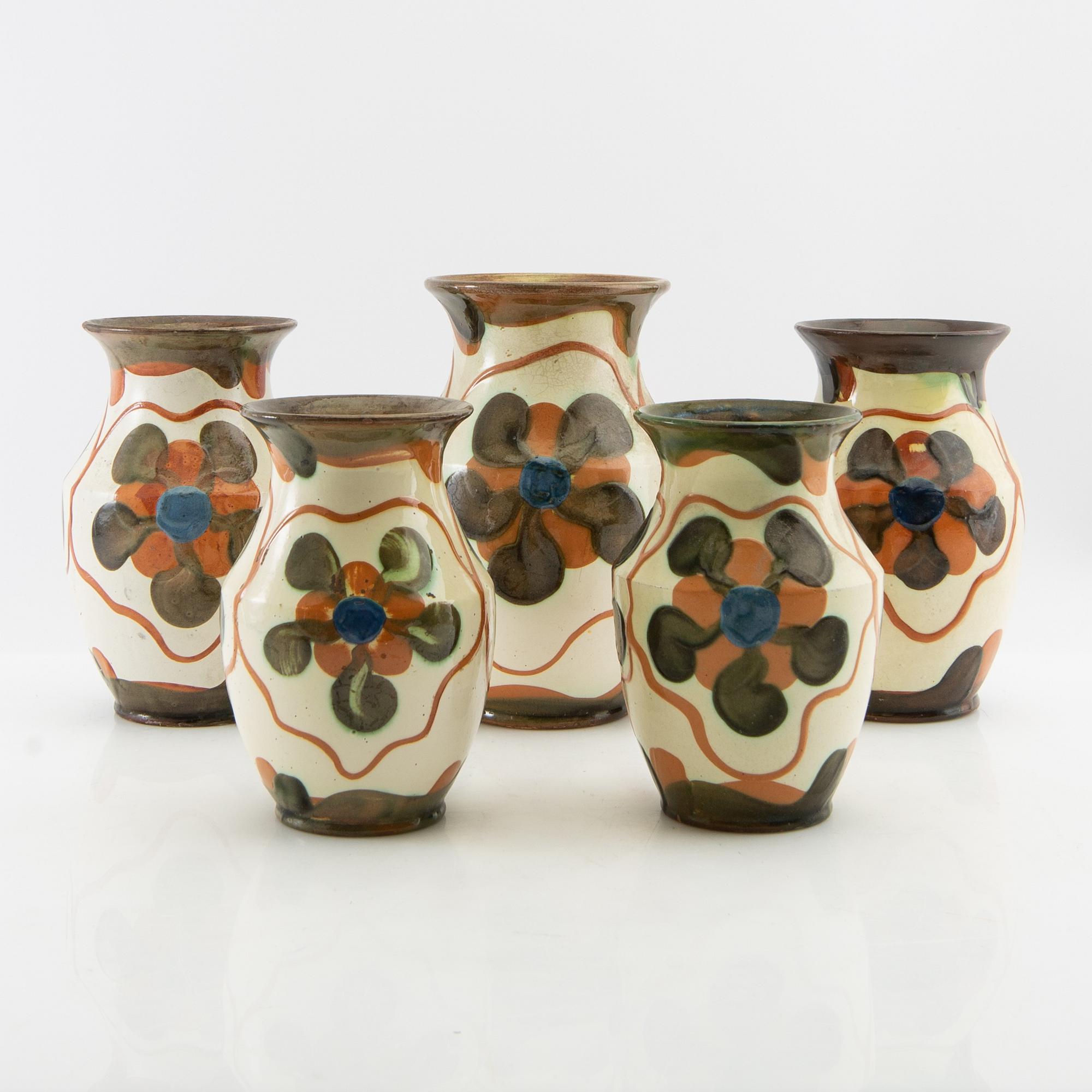 Andersson & Johansson vases 5 pcs Höganäs first half/mid 20th century glazed stoneware.
