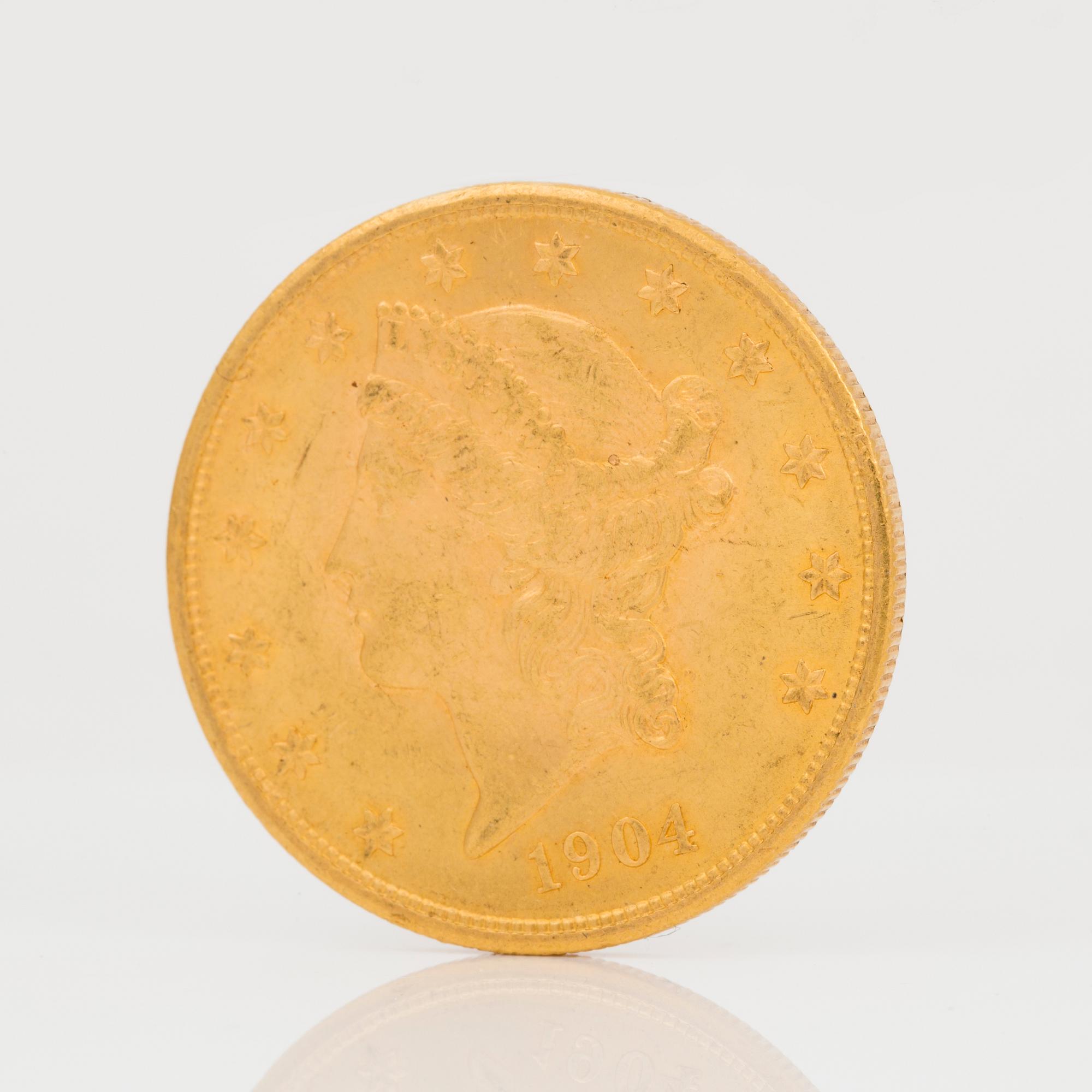 GULDMYNT, 20 Dollars, USA 1904. Vikt ca 34 g.