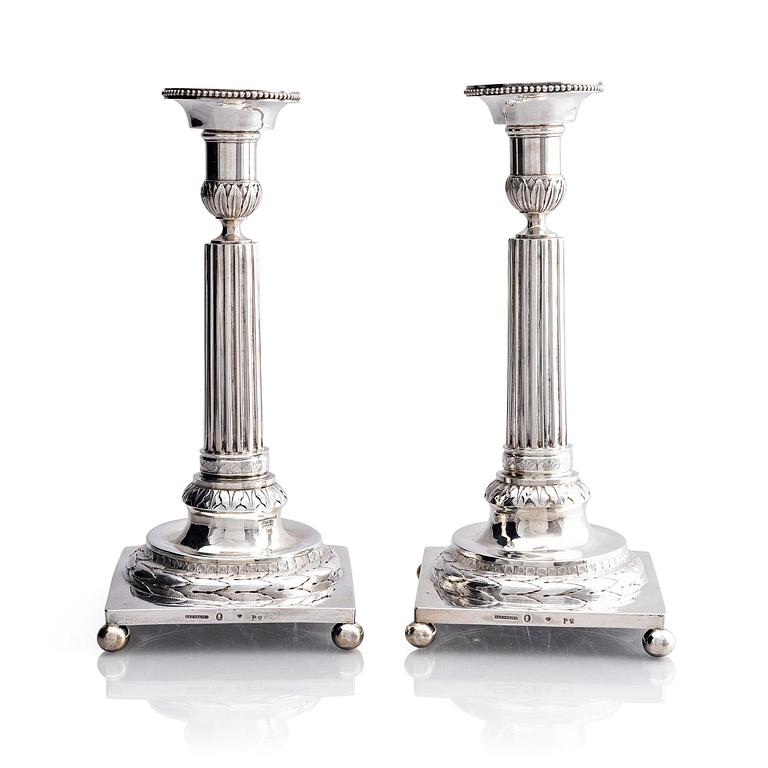 A pair of Swedish 18th century silver candelsticks, marks of Pehr Zethelius, Stockholm 1797.