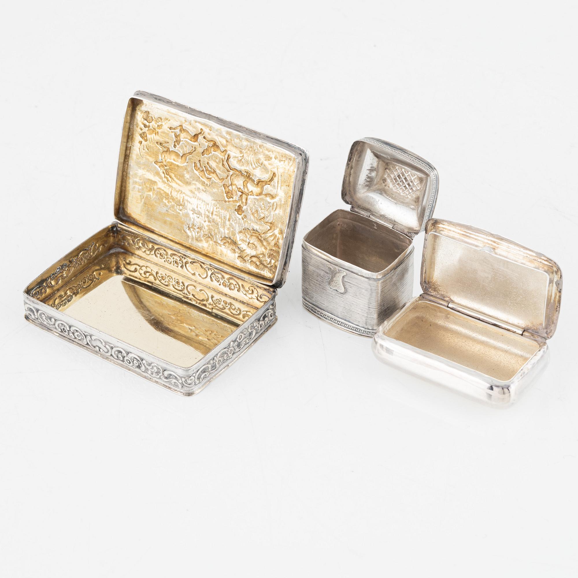 Five Silver Boxes, including mark of Petter Adolf Sjöberg, Stockholm 1817.