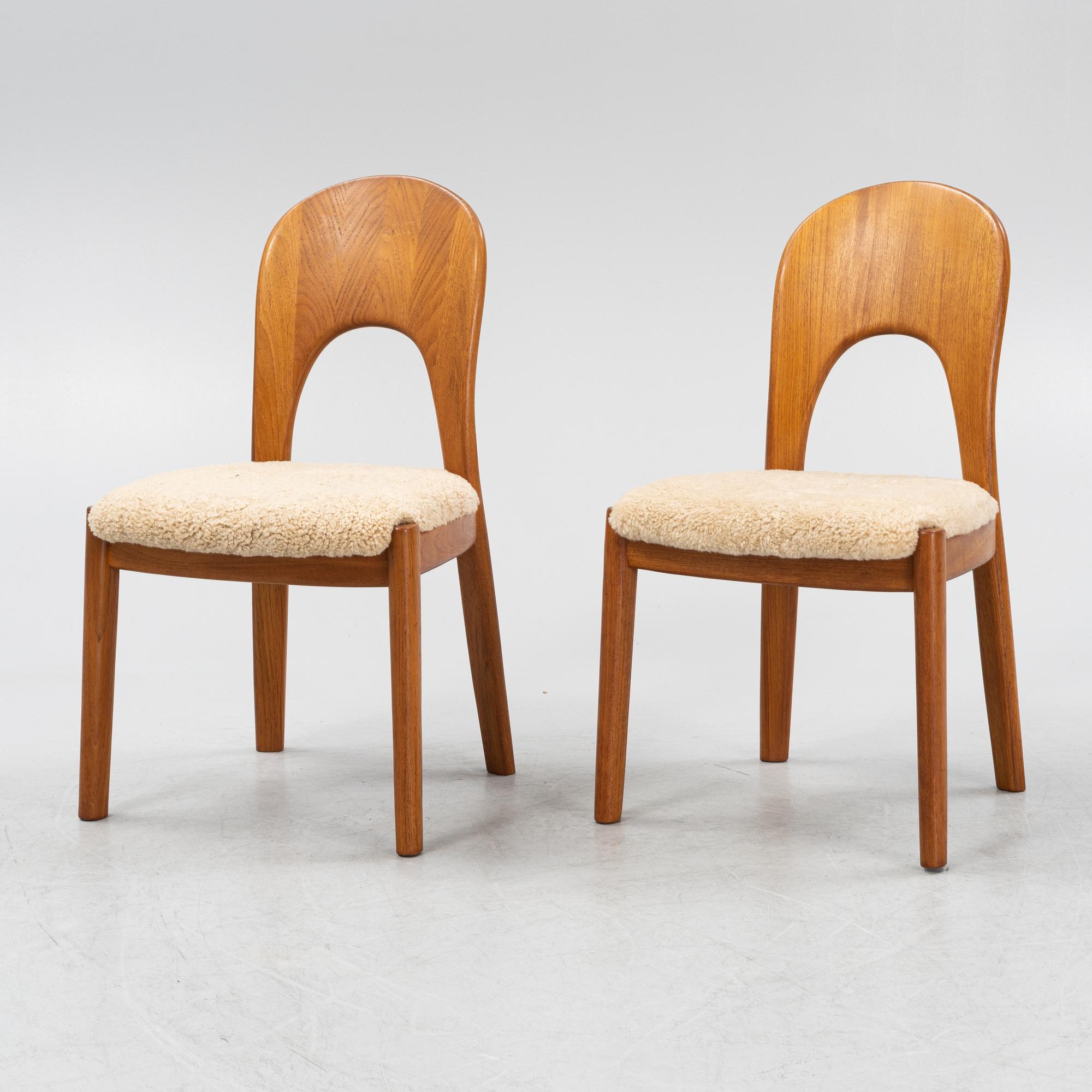 Niels Koefoed, six teak dining chairs upholstered in new sheep skin, Denmark, 1960's.
