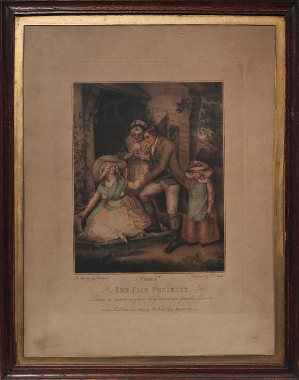 KOPPARTSTICK, 2 st, kolorerade, efter Georg Morland, 1800-tal.