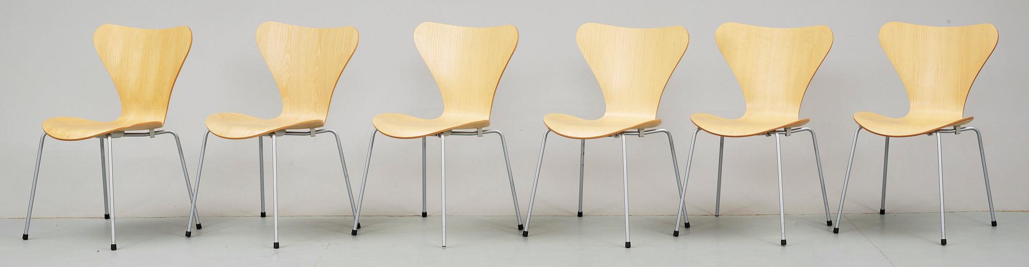 STOLAR, 6 st. "Sjuan", Arne Jacobsen, Fritz Hansen, Danmark.