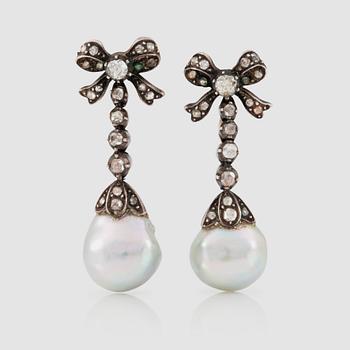 1148. A pair of cultured pearl and rose-cut diamond earrings.