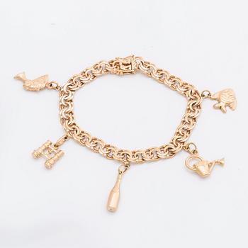 BRACELET 18K gold with 5 charms, 21,7 g, Esto AB Guldvarufirman Stockholm 1963.