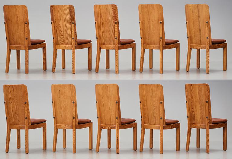 Axel Einar Hjorth, a set of ten "Lovö" stained pine dining chairs, Nordiska Kompaniet, Sweden 1930's.